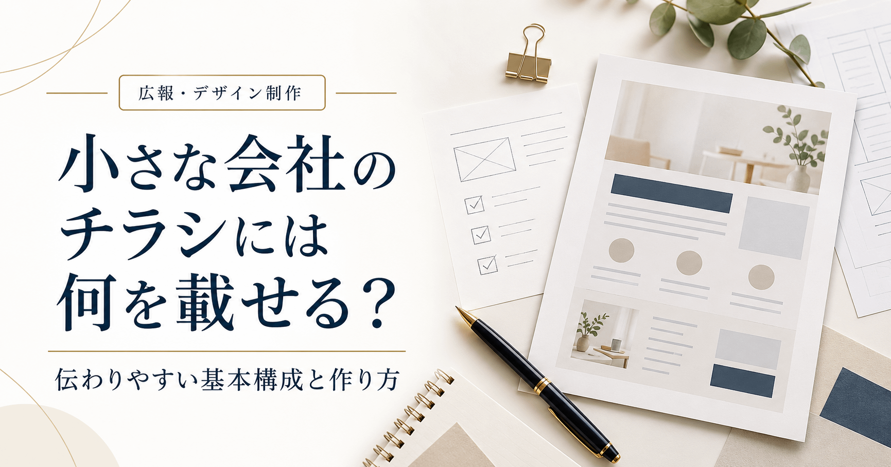 小さな会社のチラシに載せる情報と基本構成を解説する記事のアイキャッチ。チラシのレイアウト案やペンを配置したデザイン。
