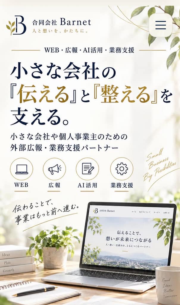 合同会社Barnet公式WEBサイトのスマートフォン表示。最大約500pxを基準に設計したトップページ。