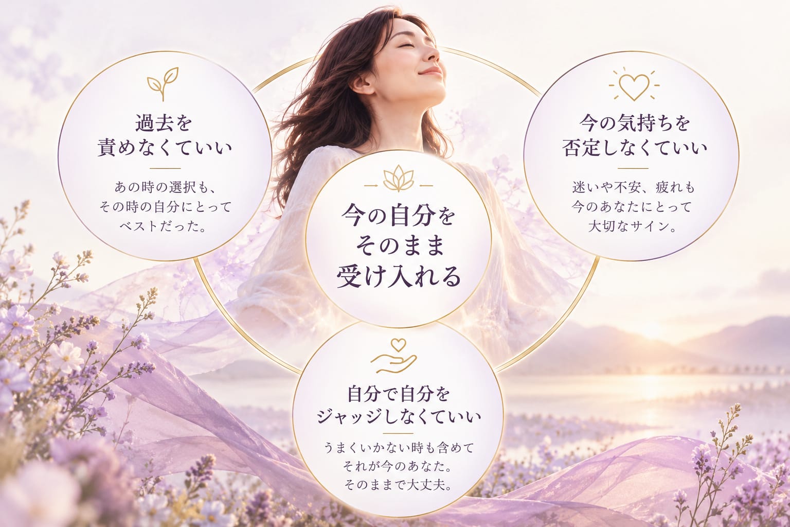 今の自分をそのまま受け入れるために、過去を責めない・今の気持ちを否定しない・自分をジャッジしないという3つの考え方を示した図