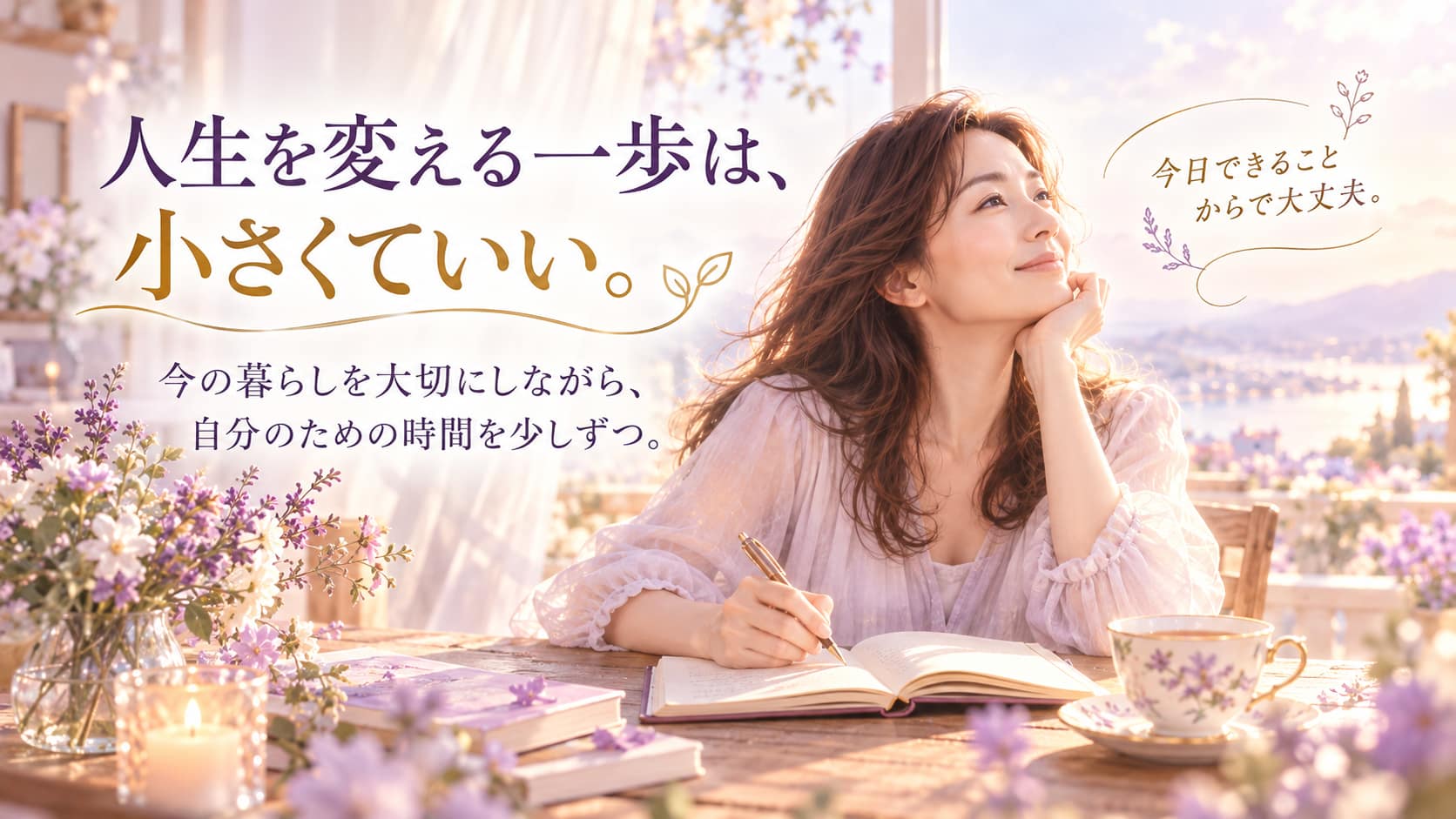 柔らかな陽光が差し込む部屋で手帳を開く女性。「人生を変える一歩は、小さくていい」というメッセージと、日常の中で自分のための時間をつくる様子