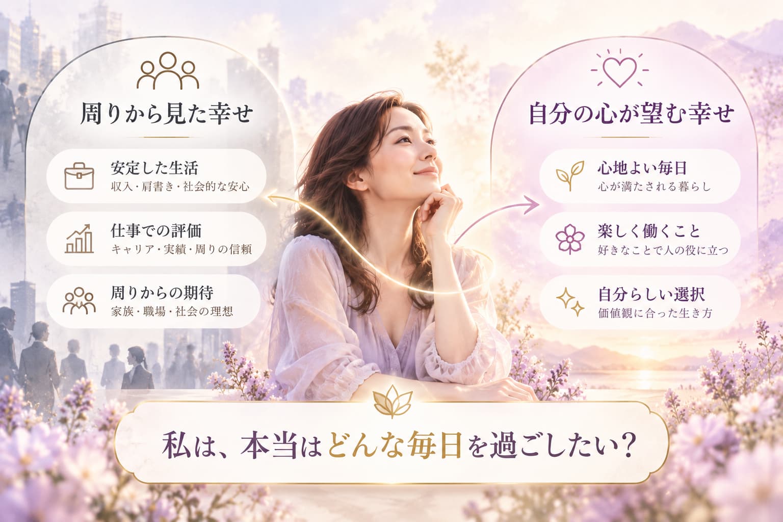 安定した生活・仕事の評価・周囲の期待と、心地よい毎日・楽しく働くこと・自分らしい選択を対比し、本当に望む生き方を考える図