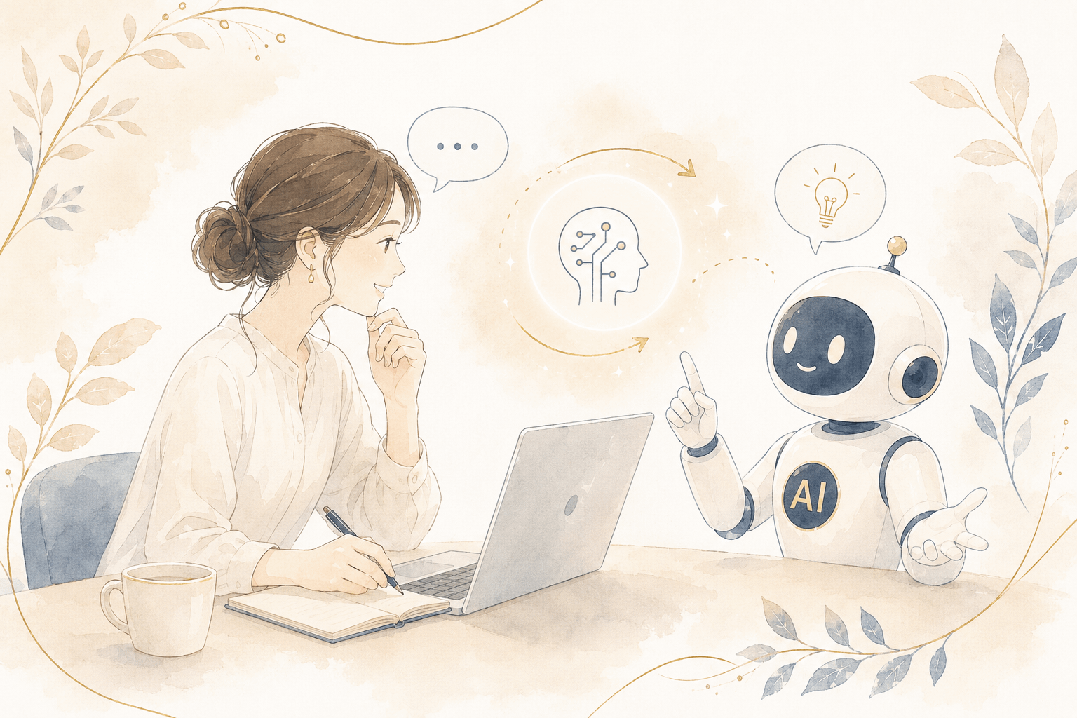 パソコンを使う人物がAIアシスタントと対話しながら仕事を進める、AI活用支援のイメージ。