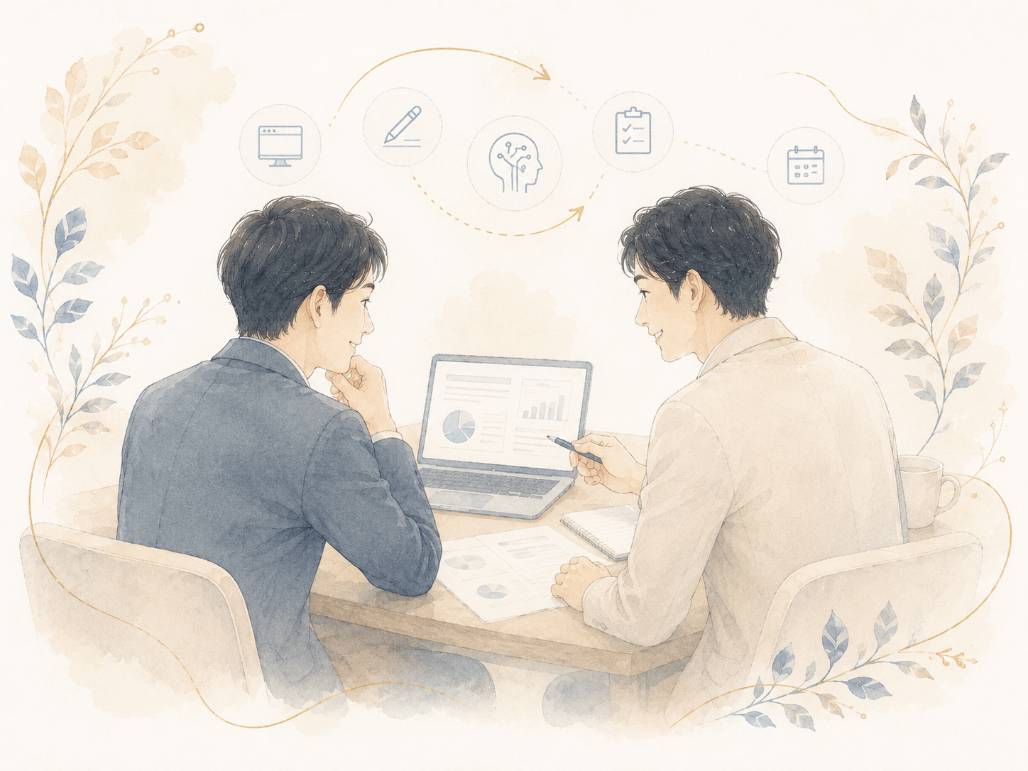 パソコンを囲んで相談する二人と、WEB・文章・AI・事務など複数の支援領域を表す、継続支援・外部パートナーのイメージ。