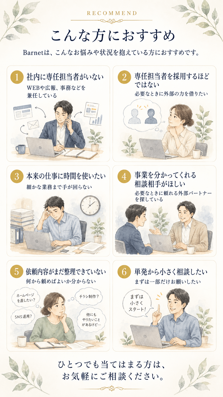 Barnetがおすすめの方の例。専任担当者がいない、採用するほどではない、本来の仕事に時間を使いたい、事業を理解する相談相手がほしい、依頼内容が整理できていない、まずは小さく相談したい方などを紹介しています。