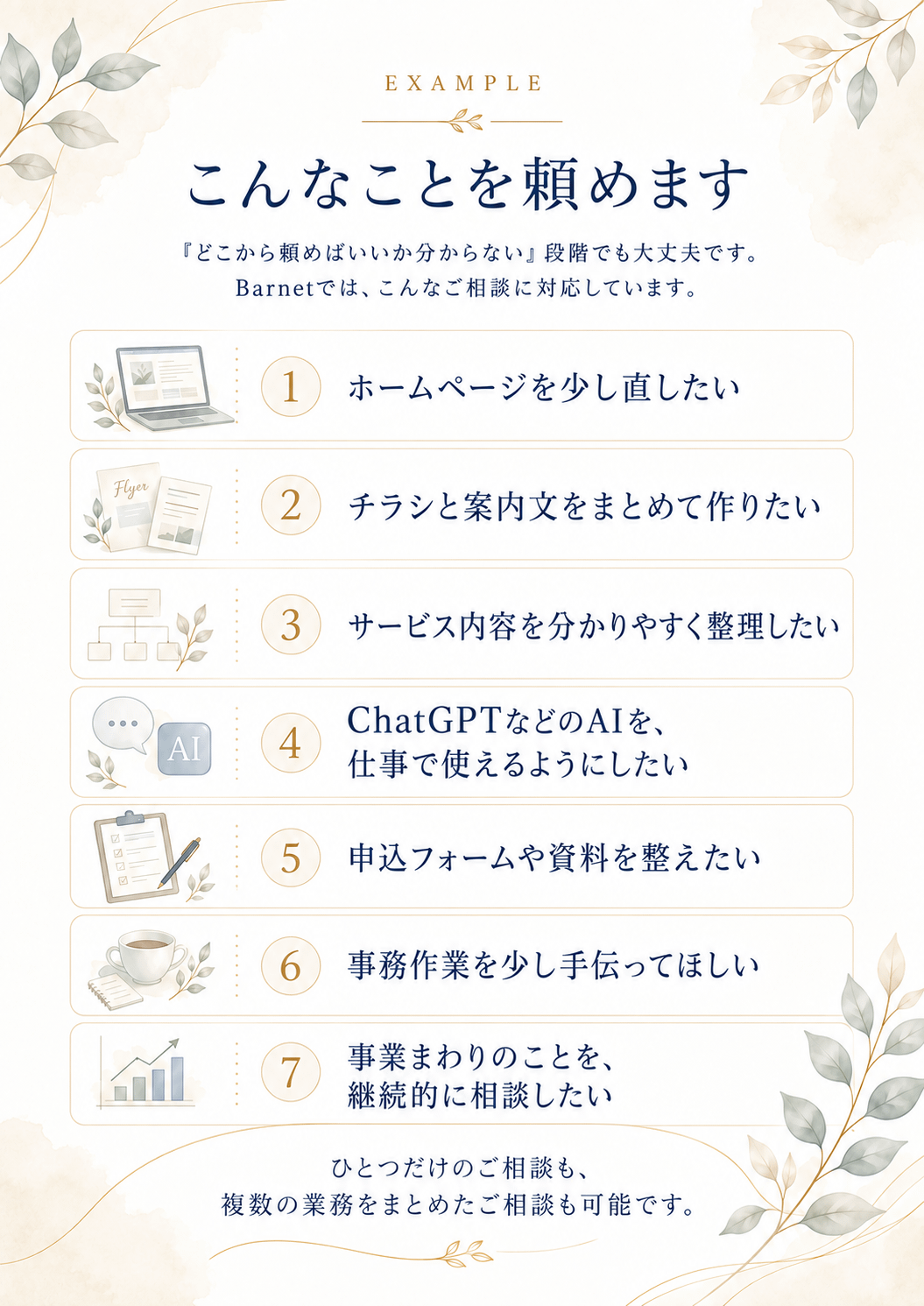 Barnetへの相談例。ホームページ改善、チラシ・案内文制作、サービス整理、AI活用、資料整理、事務サポート、継続的な事業相談などに対応しています。