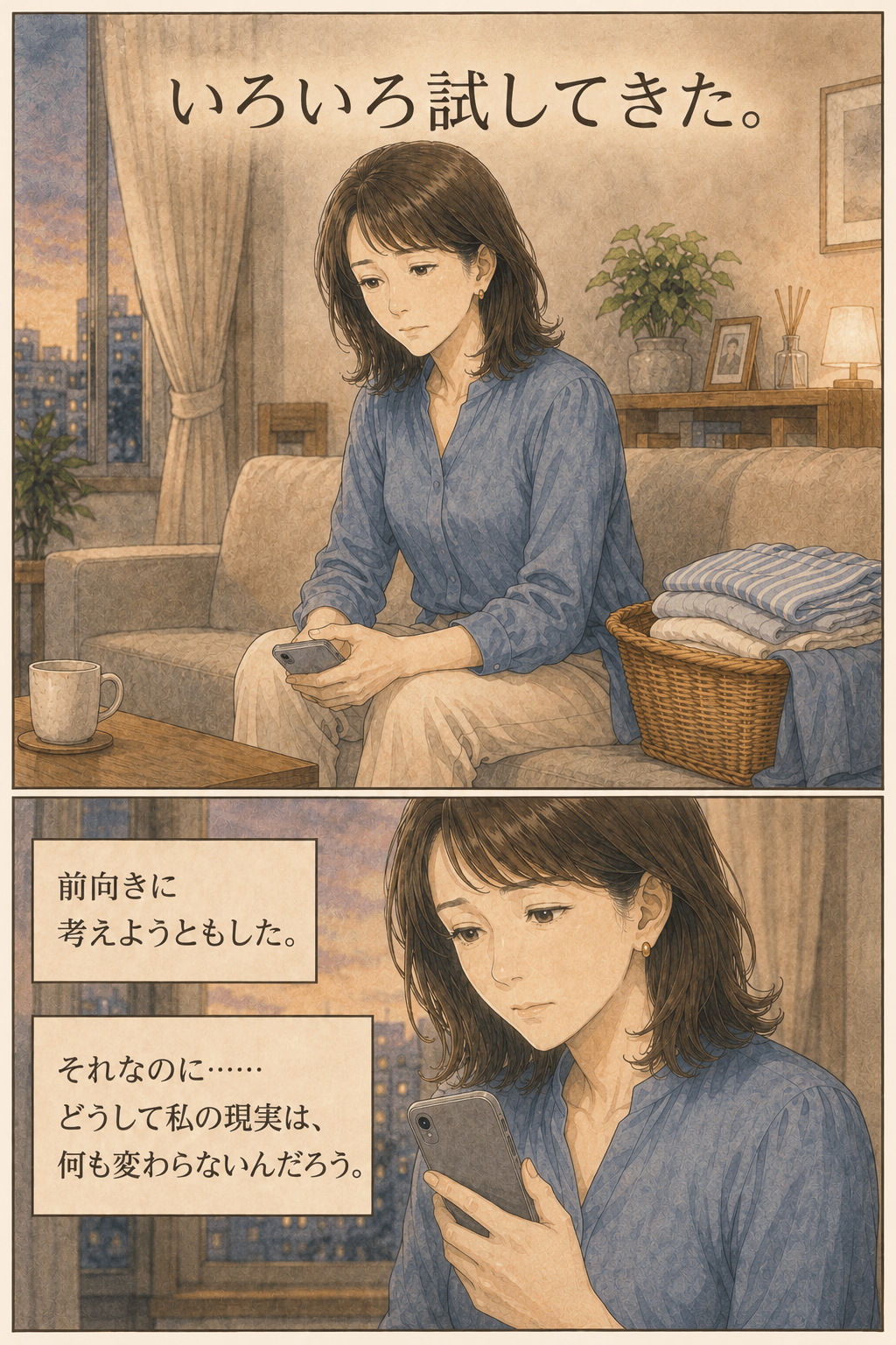 悩みを抱える女性の日常から始まるDRAGON OF LIFEのPR用短編漫画1ページ目