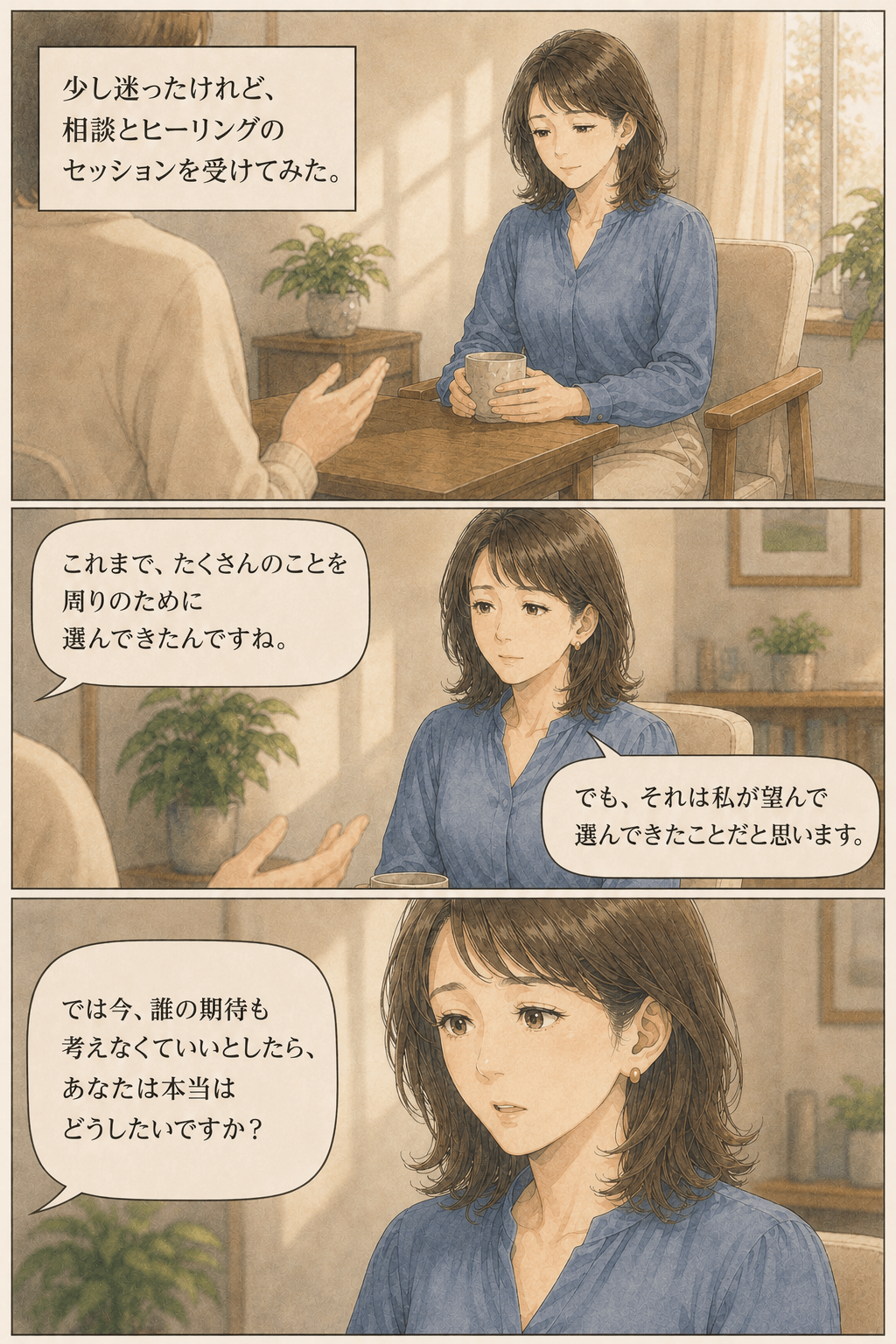 相談とヒーリングを通して自分の本当の気持ちに気づいていく短編漫画の場面