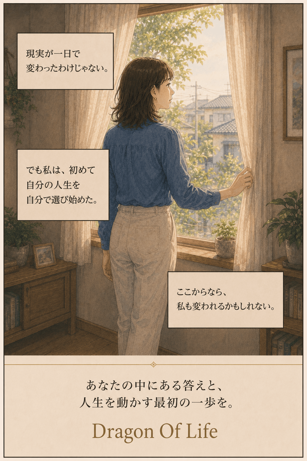 自分の人生を自分で選び始めた女性とDRAGON OF LIFEのメッセージを描いた短編漫画最終ページ